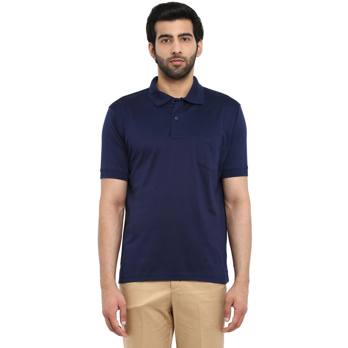 ColorPlus Navy Blue Solid Polo T-Shirt (M)