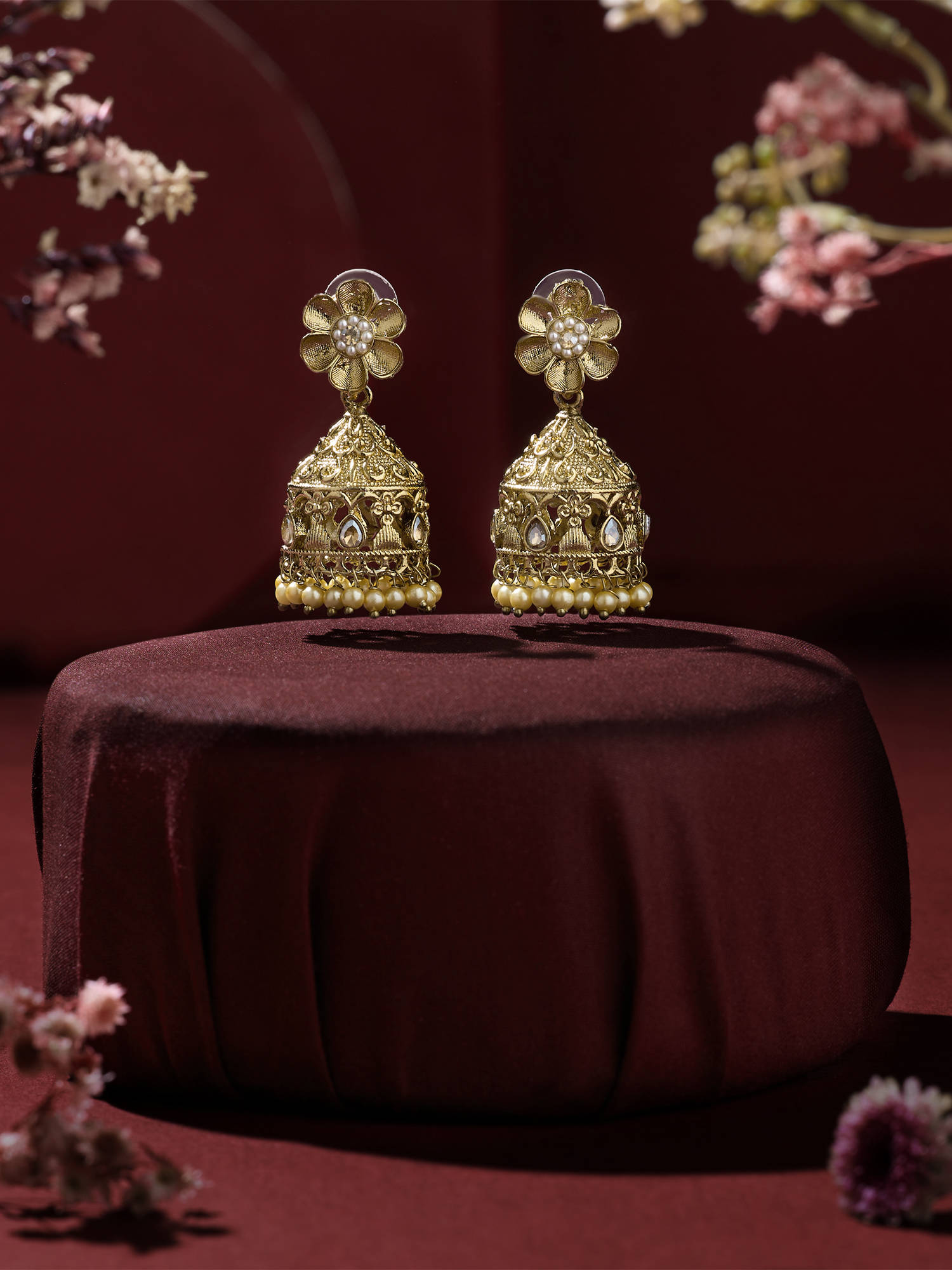 Zaveri Pearls Gold Tone Stones Beads Drop Traditional Jhumkas