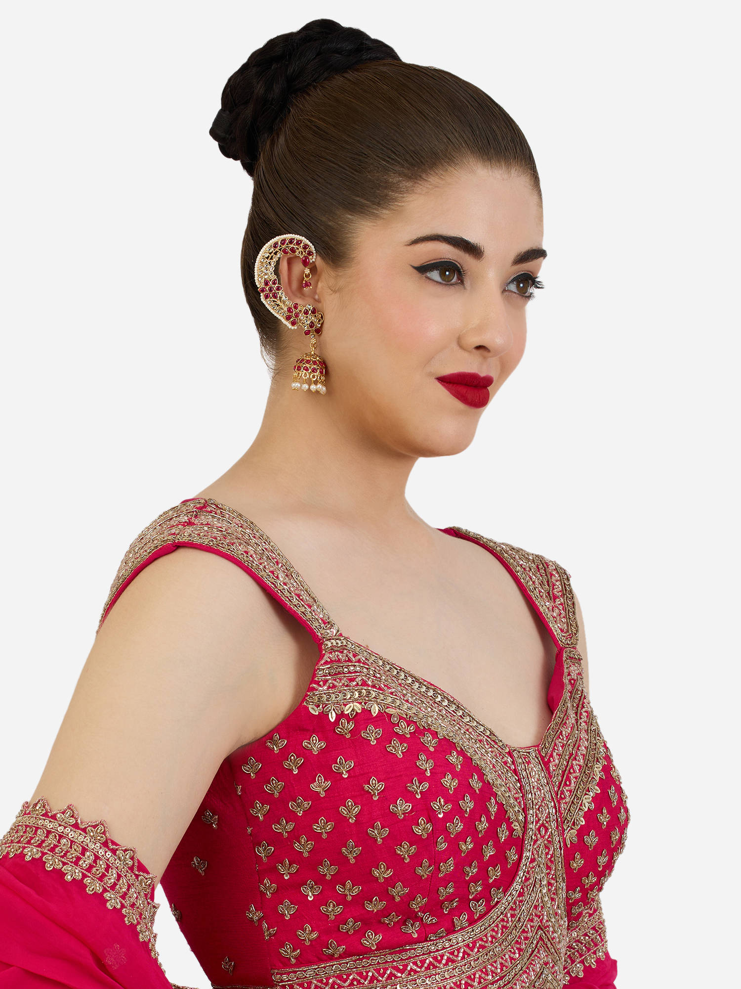 Zaveri Pearls Rani Pink Stones Dangling Beads Jhumka Ear Cuffs