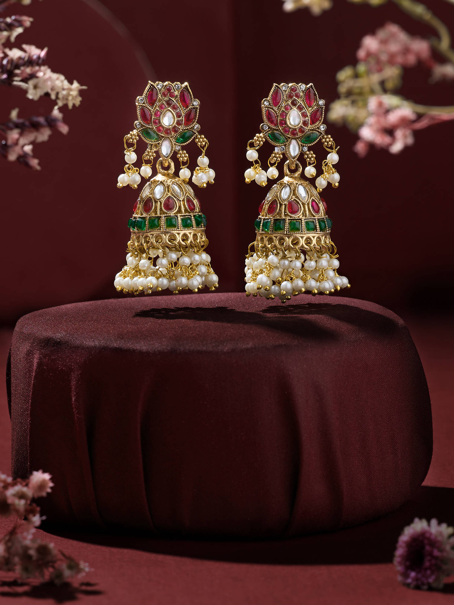 Zaveri Pearls Pink Green Stones Lotus Design Dangling Pearls Jhumka Earring