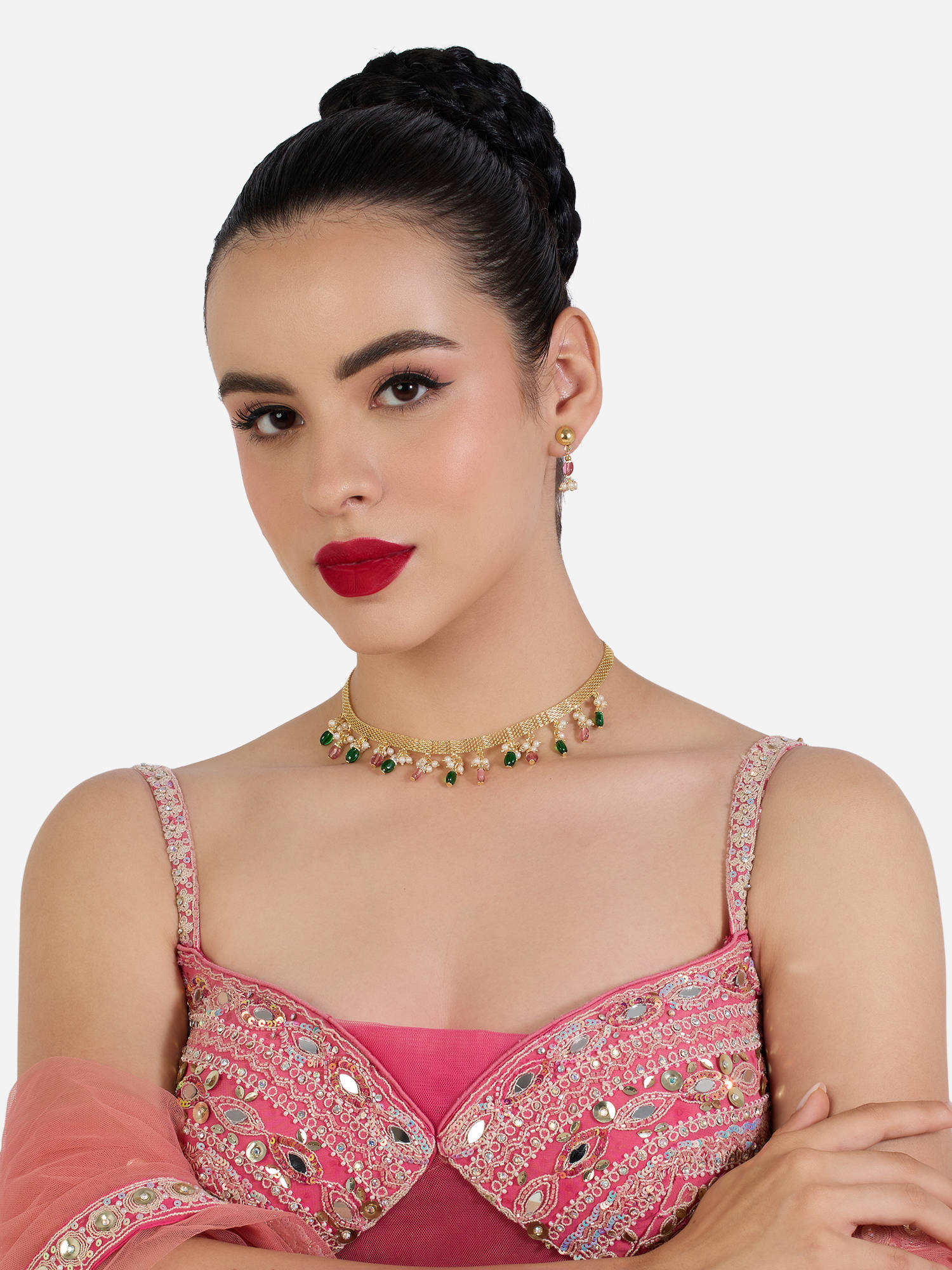Zaveri Pearls Pink Green Dangling Beads Embellish Necklace & Earring Set