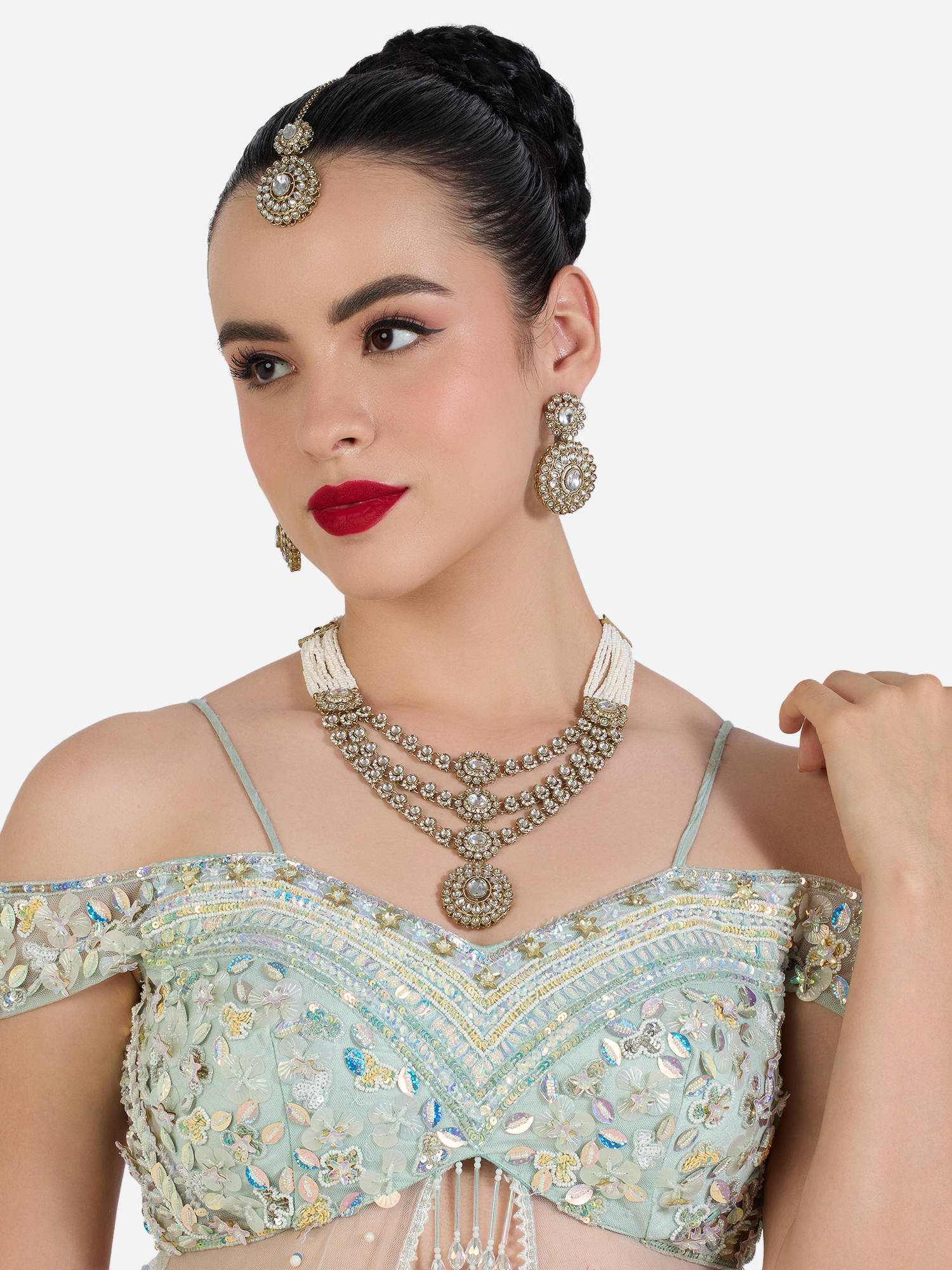 Zaveri Pearls Antique Gold Tone Stones Necklace Earring & Maangtikka Set