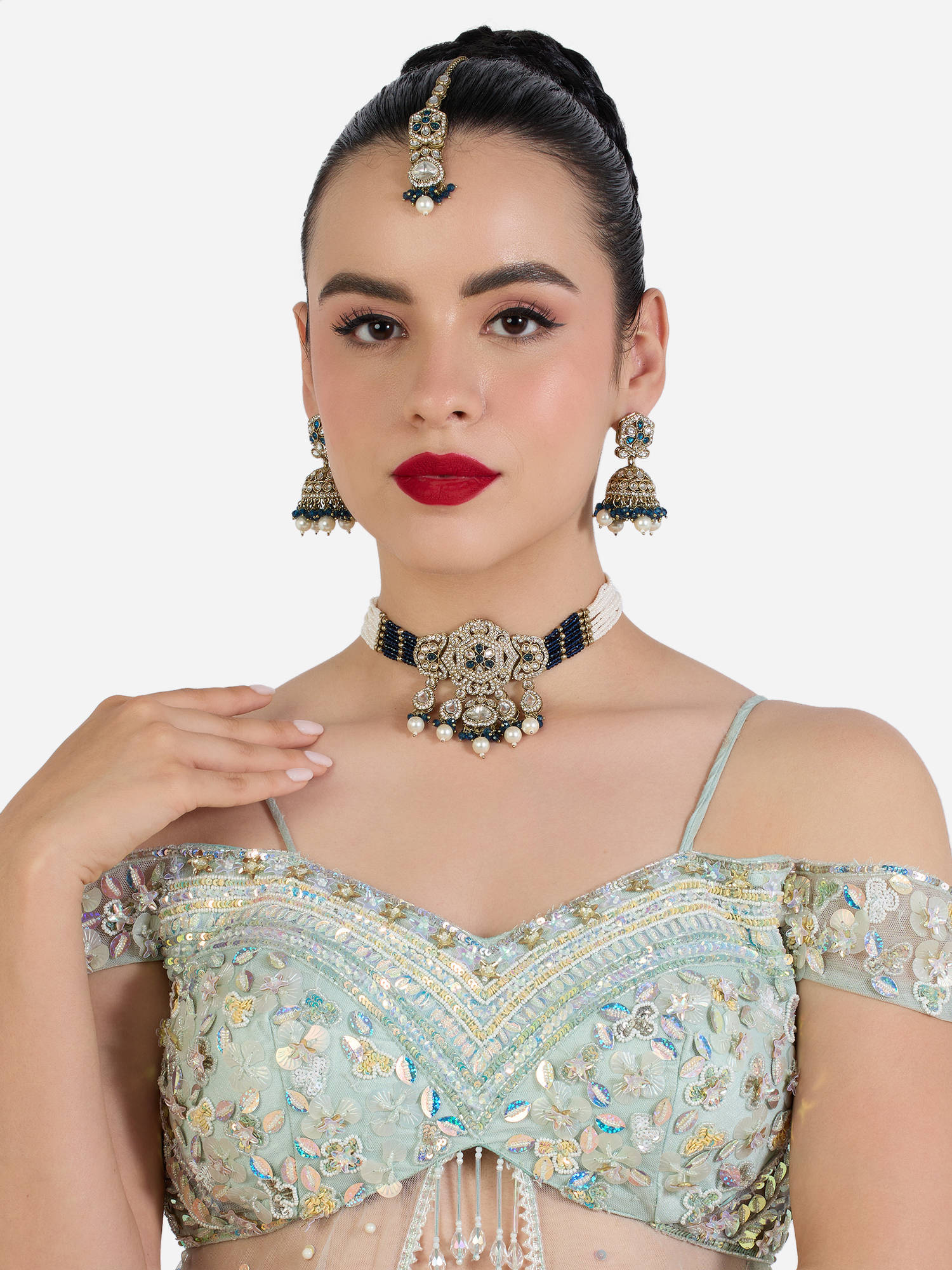 Zaveri Pearls Navy Blue Stones Beads Necklace Earring & Maangtikka Set