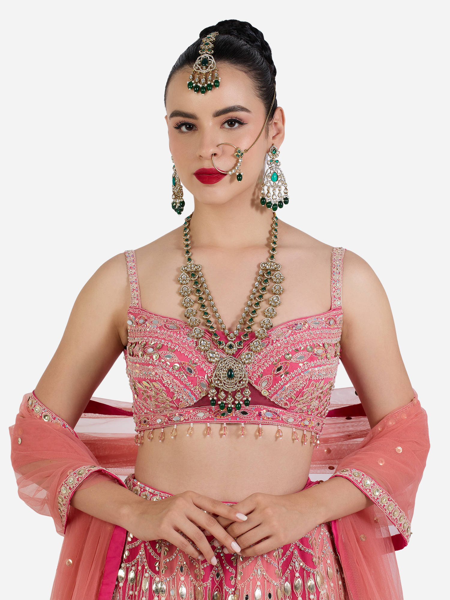 Zaveri Pearls Green Stones Beads Necklace Earring Maangtikka Nose Ring Set