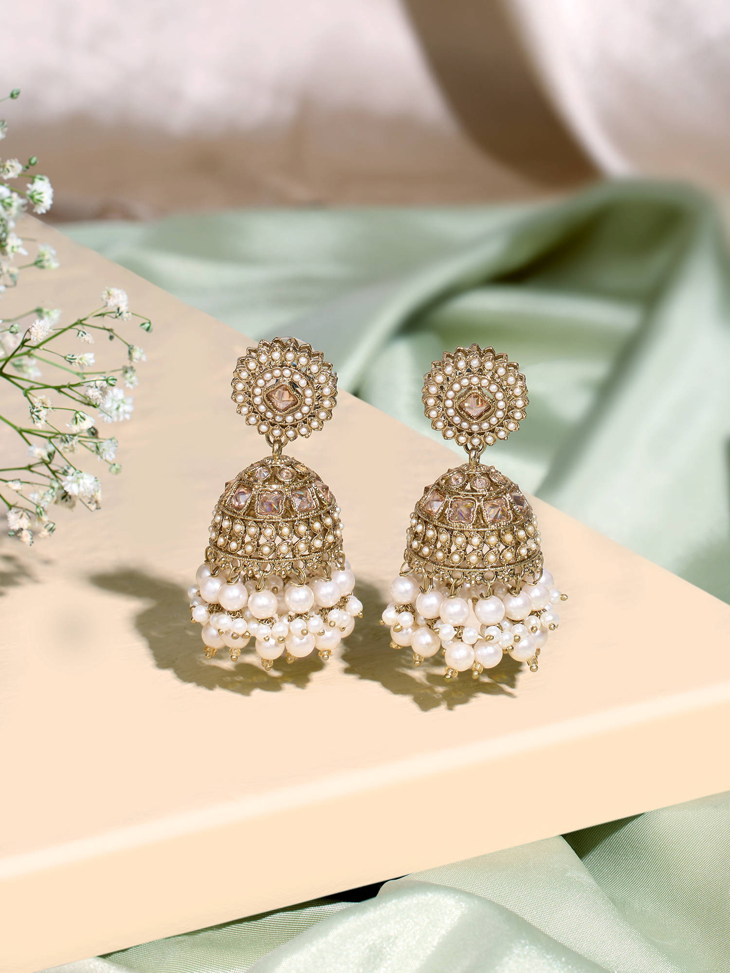 Zaveri Pearls Antique Gold Stones Clustered Beads Embellish Jhumka Earrings