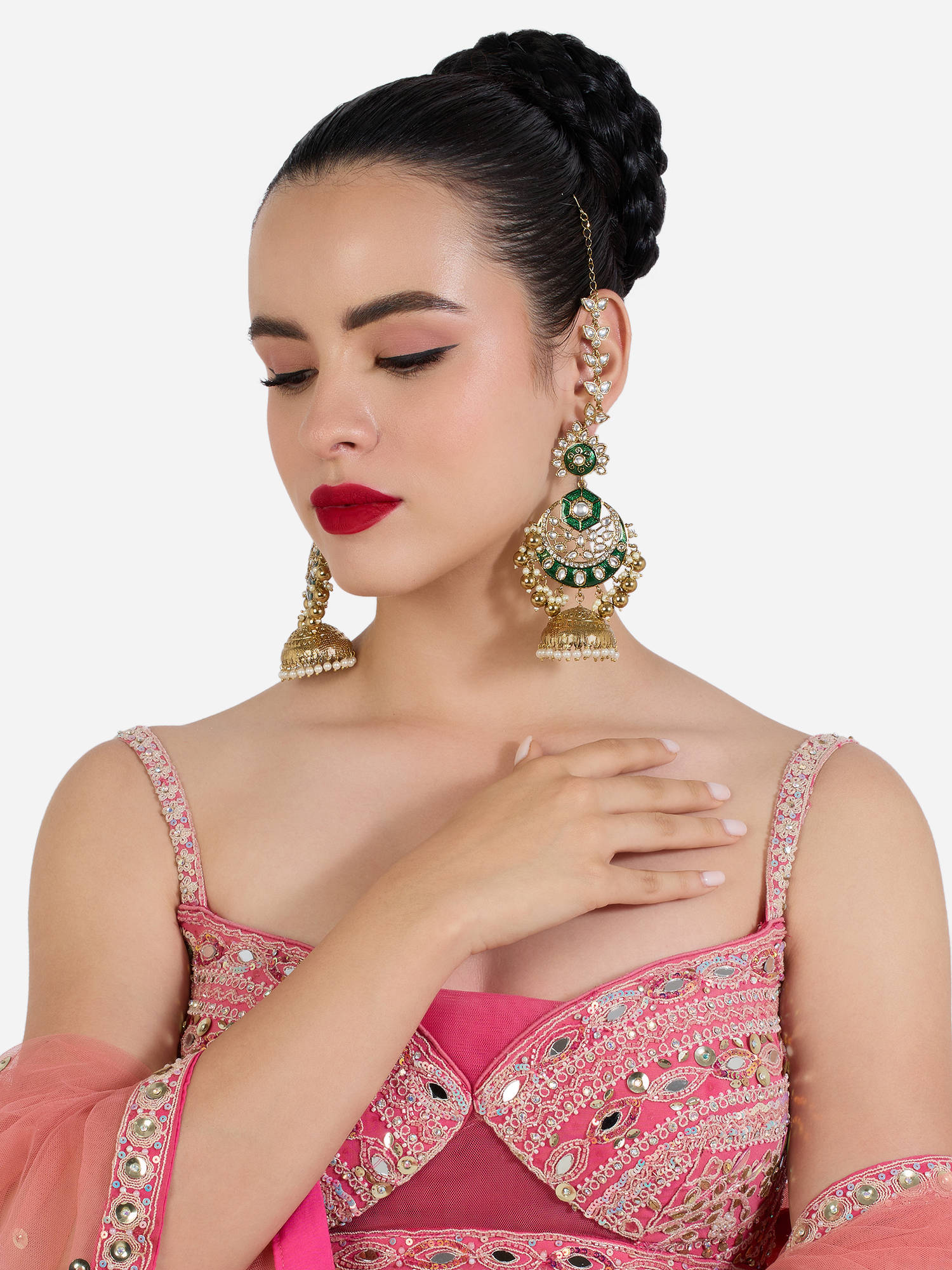 Zaveri Pearls Green Meenakari Stones Beads Drop Ear Chain Jhumka Earrings