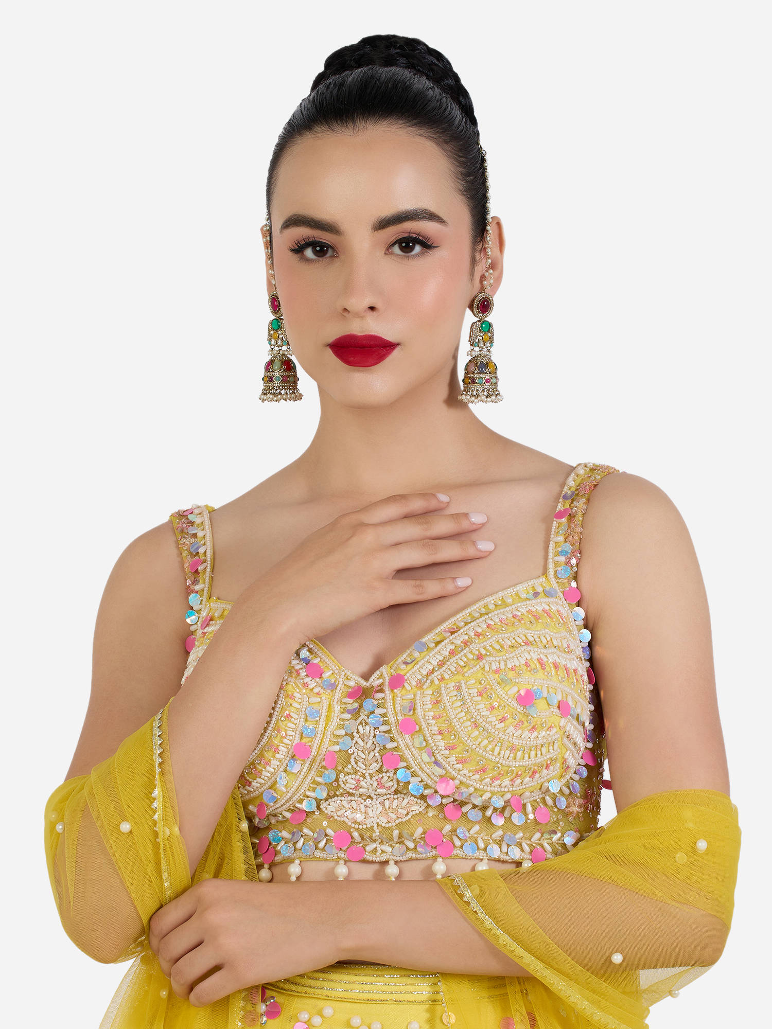 Zaveri Pearls Multi-Color Stone Bead Diamond Antique EarChain Jhumka Earrings