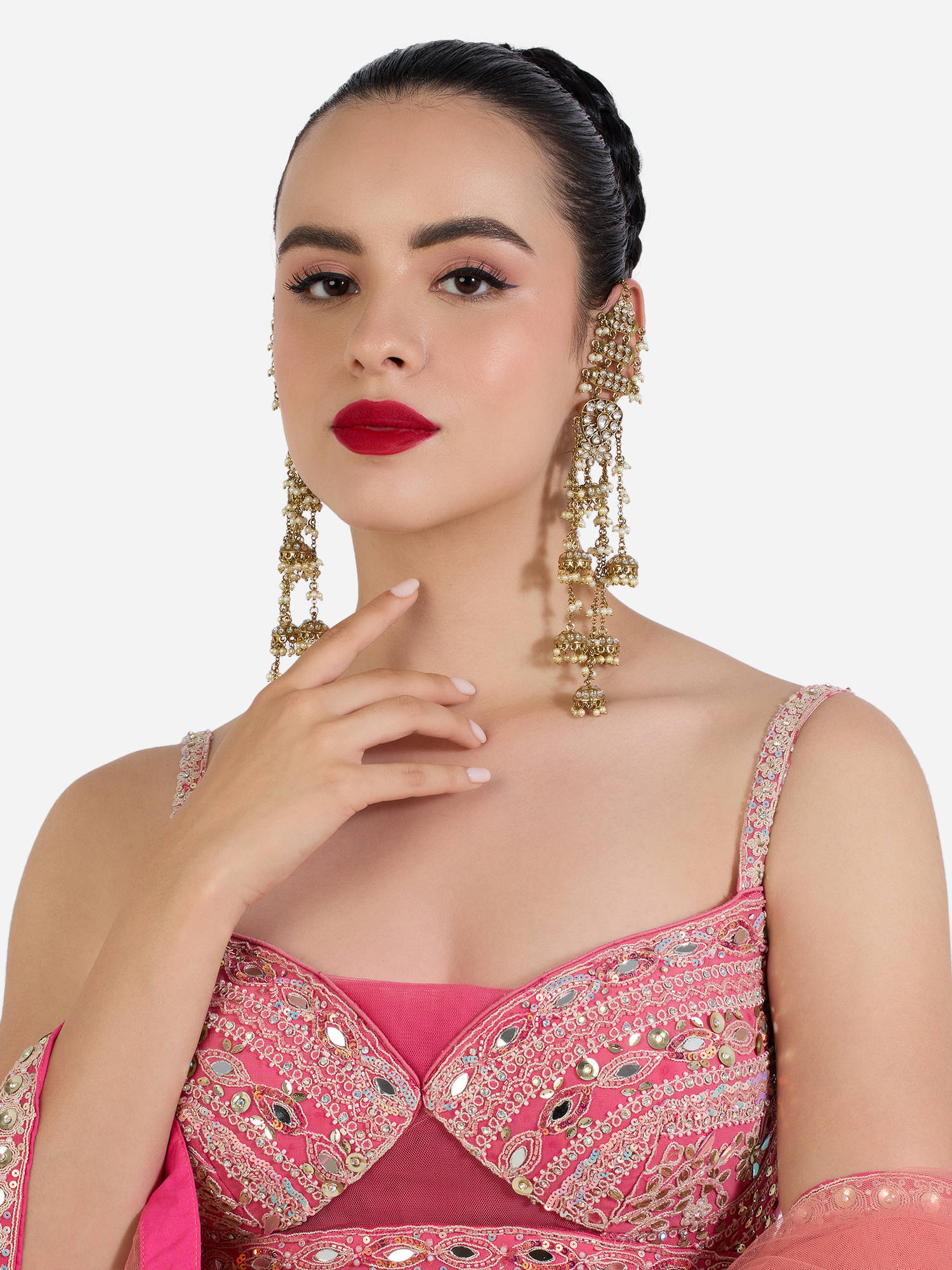 Zaveri Pearls Antique Gold Stones Beads Jhumki Drop EarChain Dangle Earrings