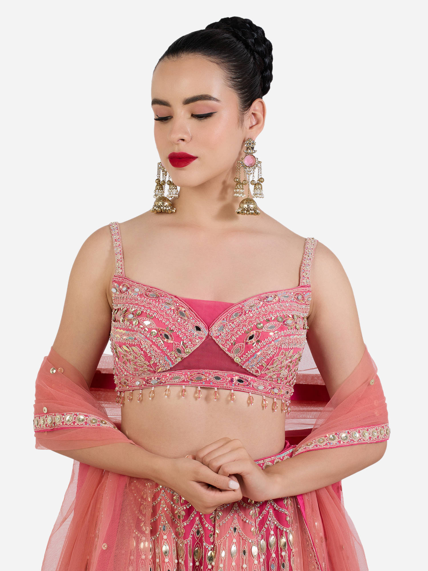Zaveri Pearls Pink Stone Antique Ghungroo Beads Chain Fringe Jhumka Earrings