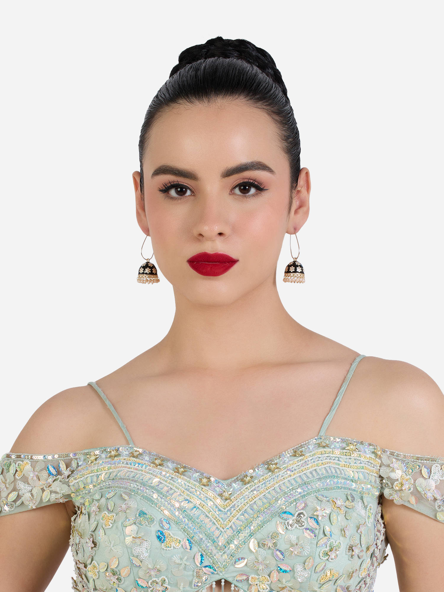 Zaveri Pearls Black White Meenakari Flowers Beads Drop Jhumka Earrings