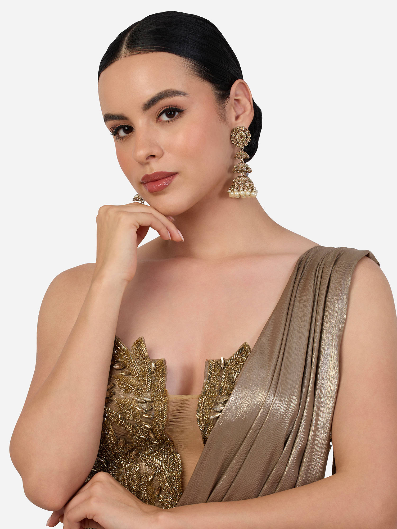 Zaveri Pearls Champagne Stones Beads Antique Plating Layered Jhumka Earrings