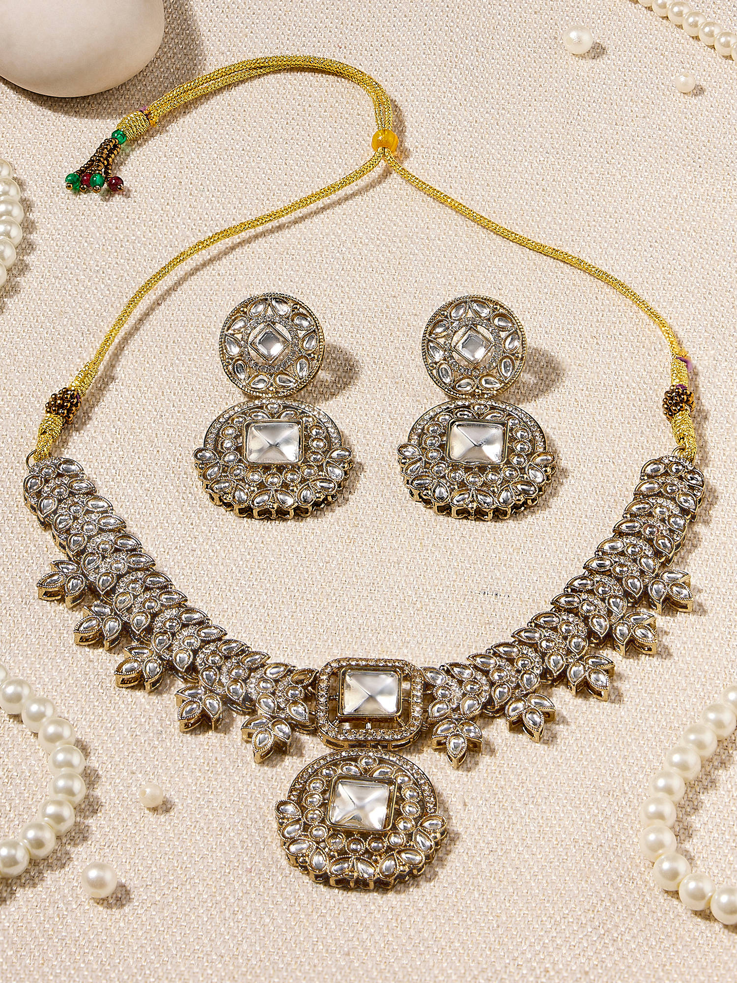 Buy Zaveri Pearls Antique Gold Tone Stones Diamonds Jewellery Set