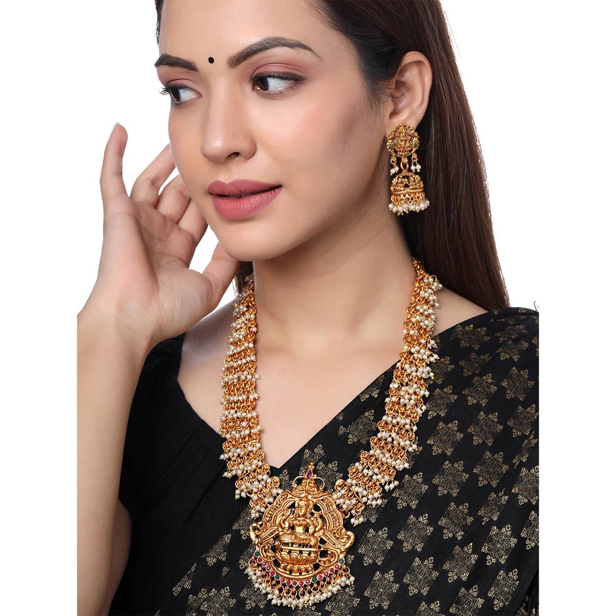 Gold Plated Long And Choker Necklace & Earrings Laxmi Design Pendant ( –  Digital Dress Room