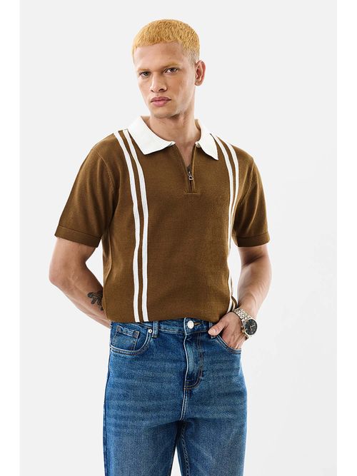 Snitch Men Brown Stripes Polo T-Shirt