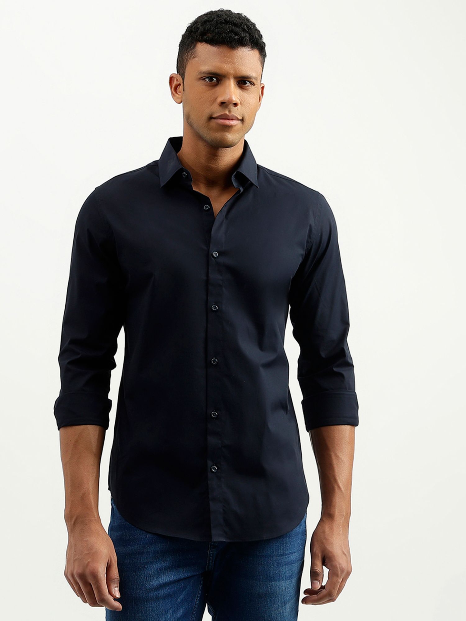 United Colors Of Benetton Navy Blue Slim Fit Spread Collar Solid Shirt ...