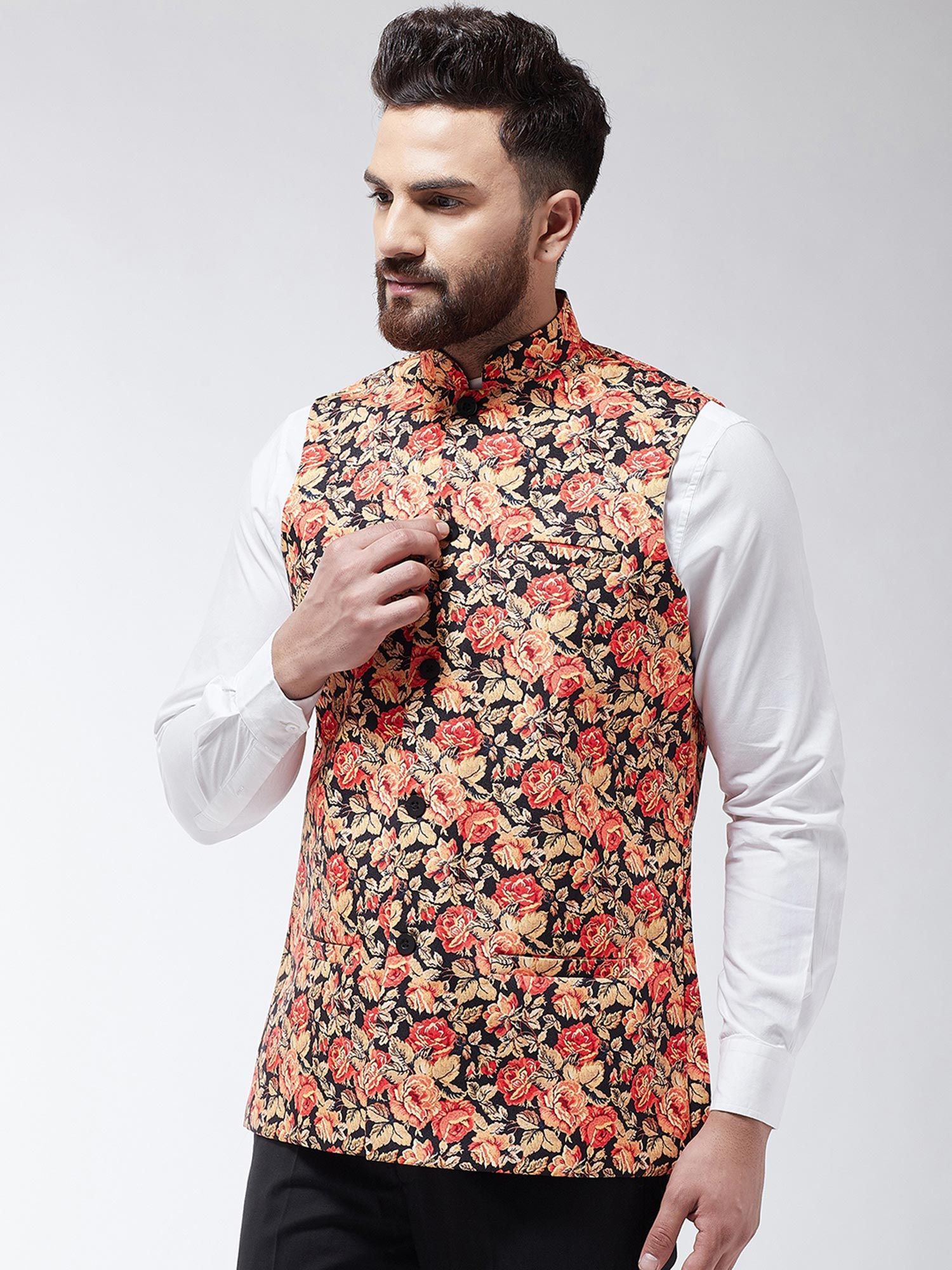 Buy SOJANYA Men Cotton Blend Black Multi Printed Waist Coat Online