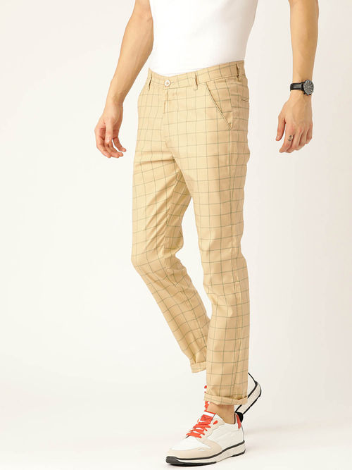 SOJANYA Men Cotton Blend Beige Green Checked Casual Trousers