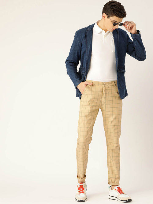 Buy SOJANYA Men Cotton Blend Beige Green Checked Casual Trousers