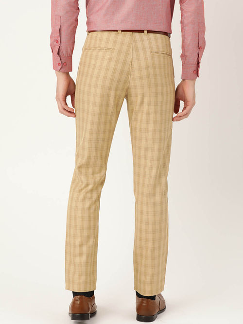 Buy SOJANYA Men Cotton Blend Beige Green Checked Formal Trousers