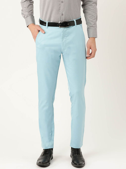 SOJANYA Men Cotton Blend Sky Blue Solid Formal Trousers