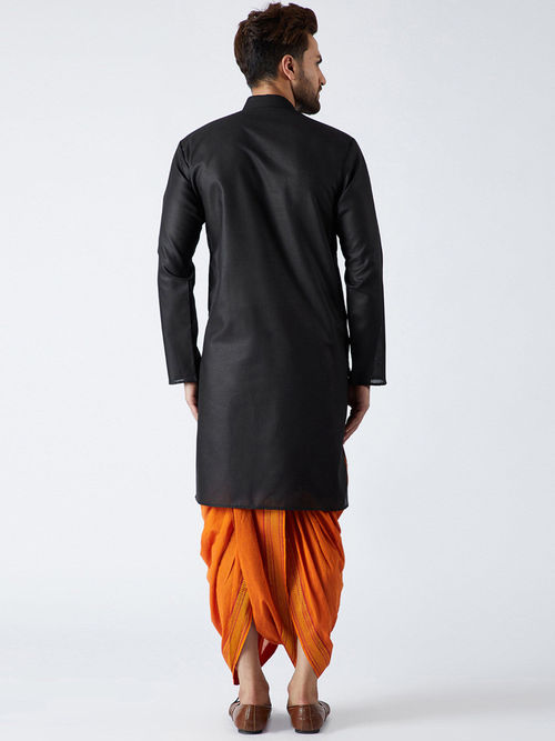 Buy SOJANYA Cotton Linen Black Kurta and Orange Dhoti Pant (Set of
