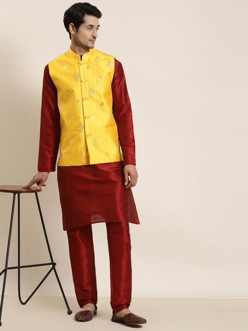 Buy SOJANYA Men Silk Blend Mango Yellow Mirror Work Nehru Jacket