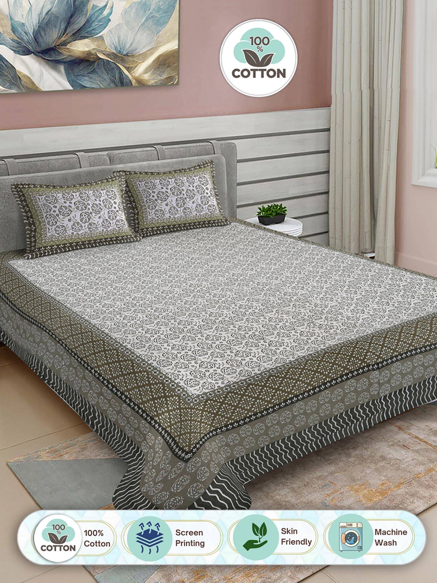 FABINALIV Green Floral 100% Cotton King Double Bedsheet with 2 Pillow Covers
