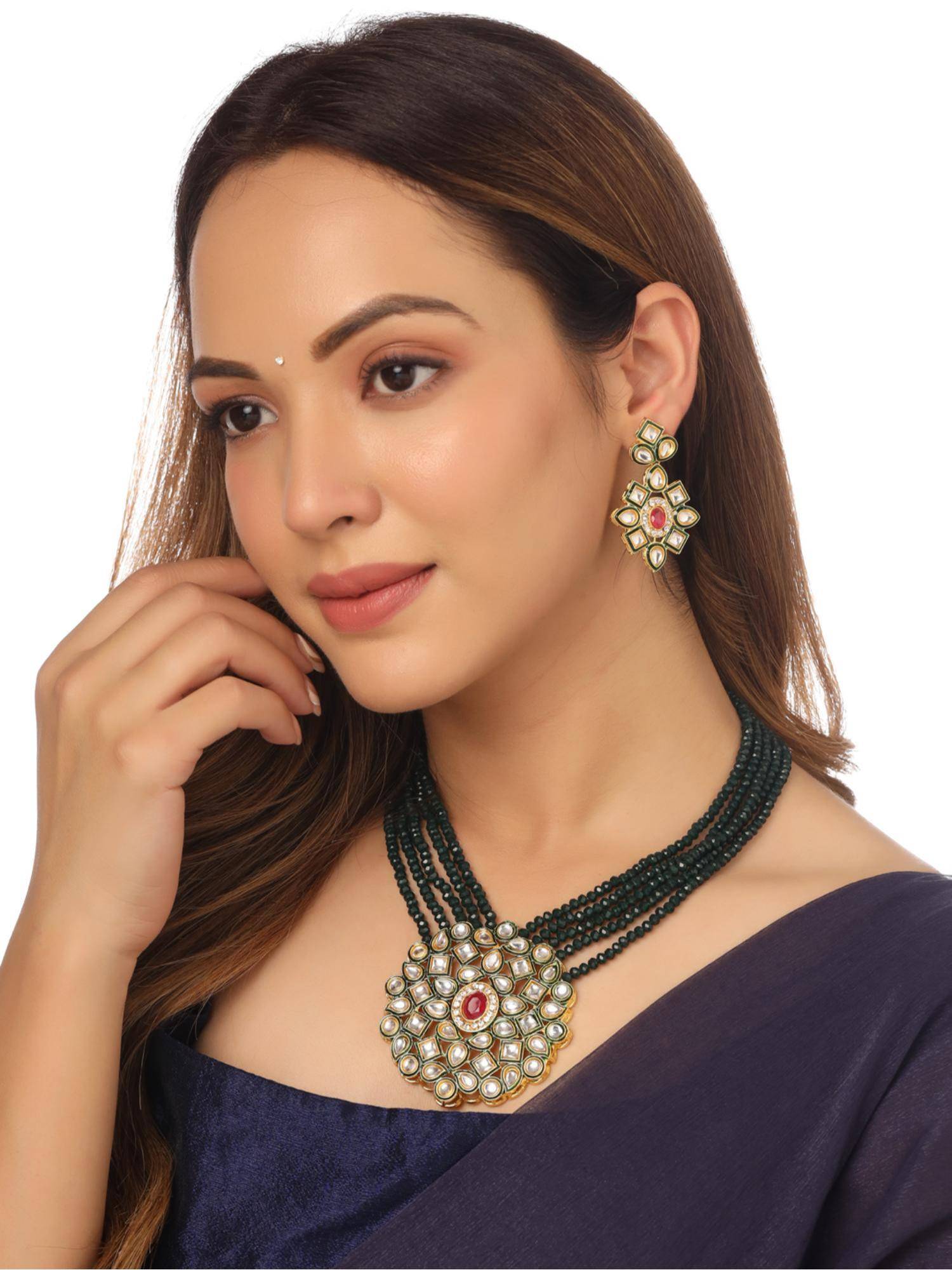 Gahan Womens Green Gold Plated Kundan Studded Jewellery Set