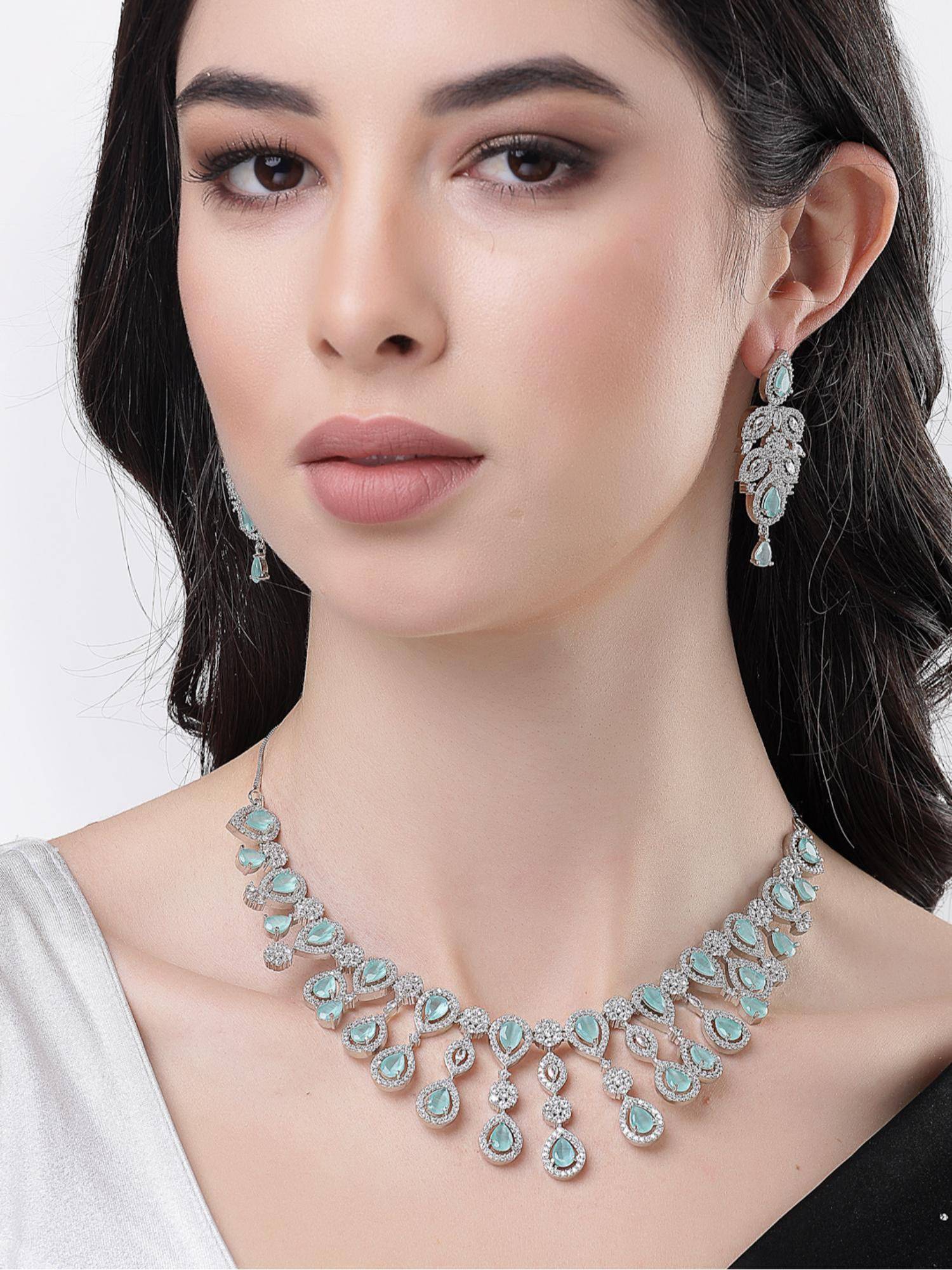 Gahan Womens Silver Plated & Turquoise Cubic Zirconia Stone Handcrafted Jewellery Set