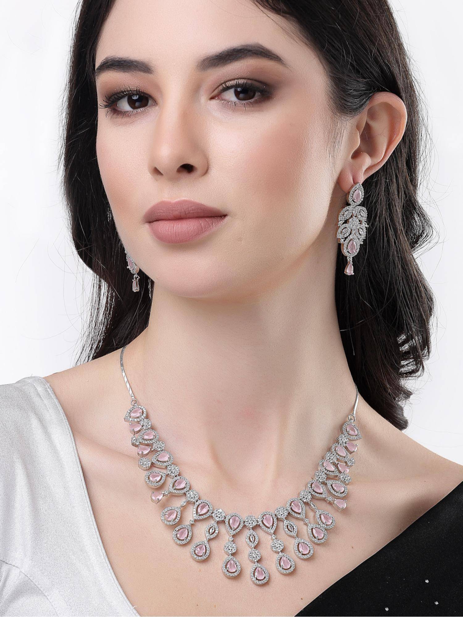Gahan Womens Silver Plated & Pink Cubic Zirconia Stone Handcrafted Jewellery Set