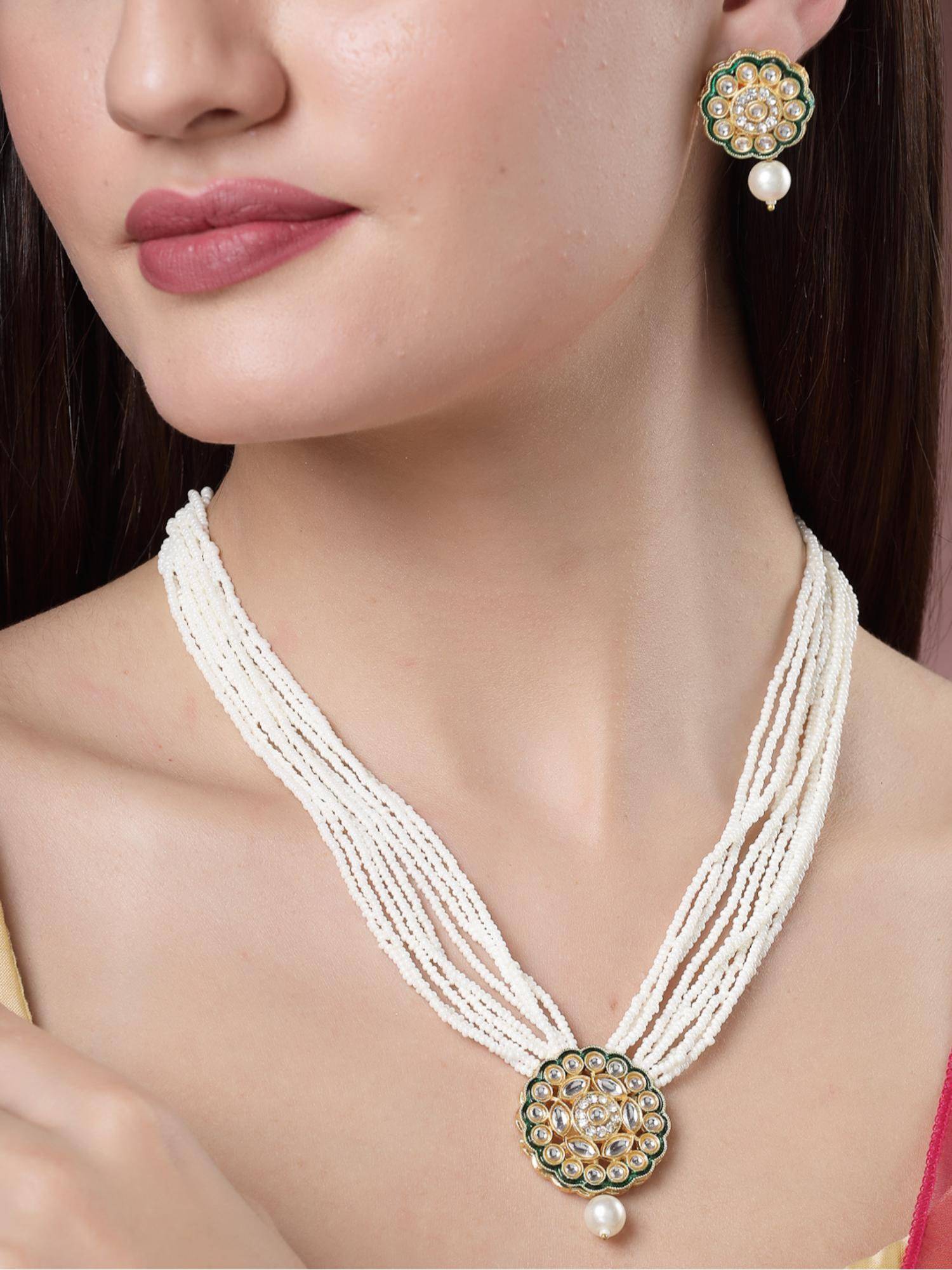 Gahan Womens White & Gold Plated Kundan Pearl Jewellery Set