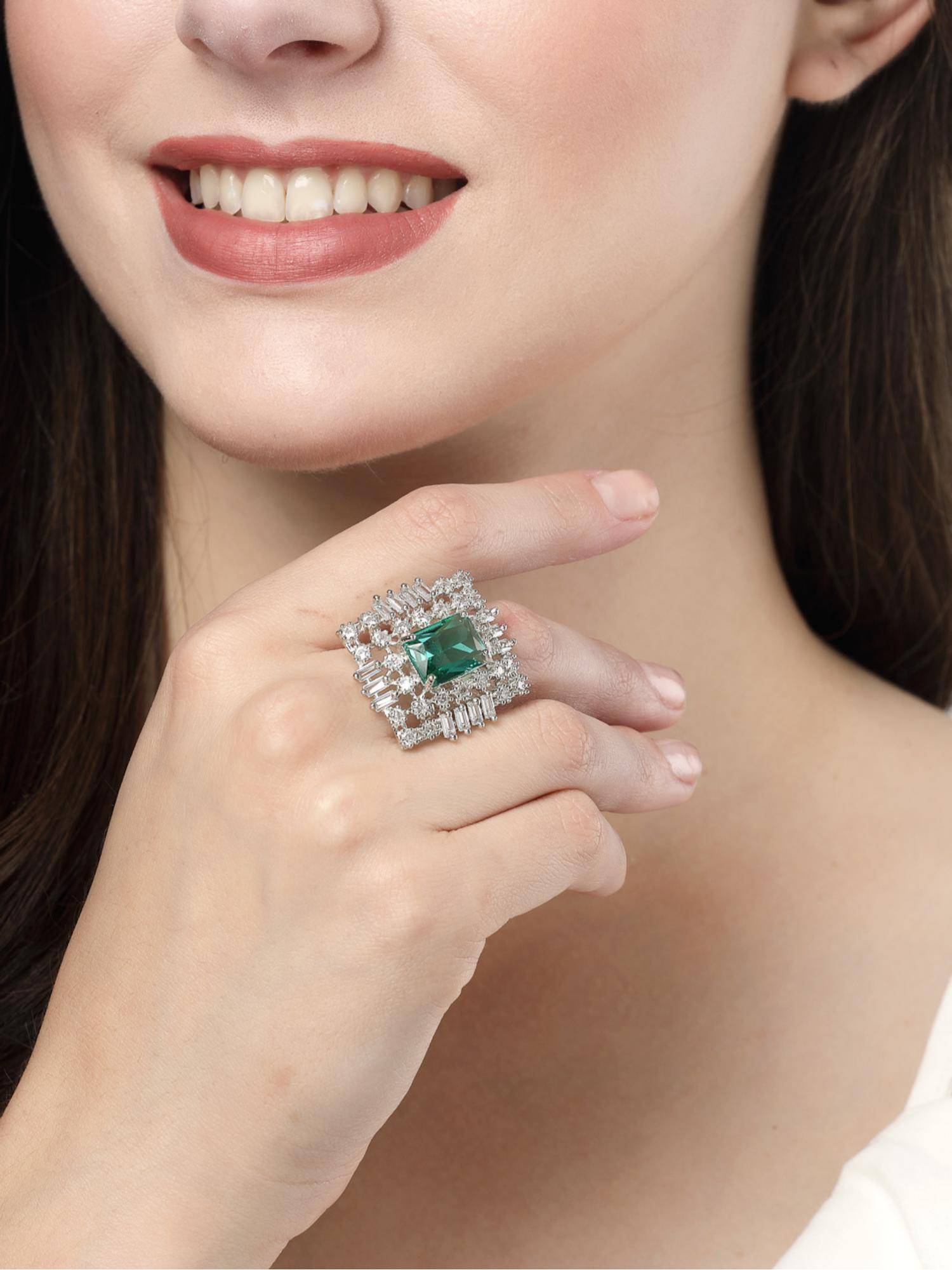 Gahan Womens Green & Silver CZ Studded Square Shaped Adjustable Finger Ring