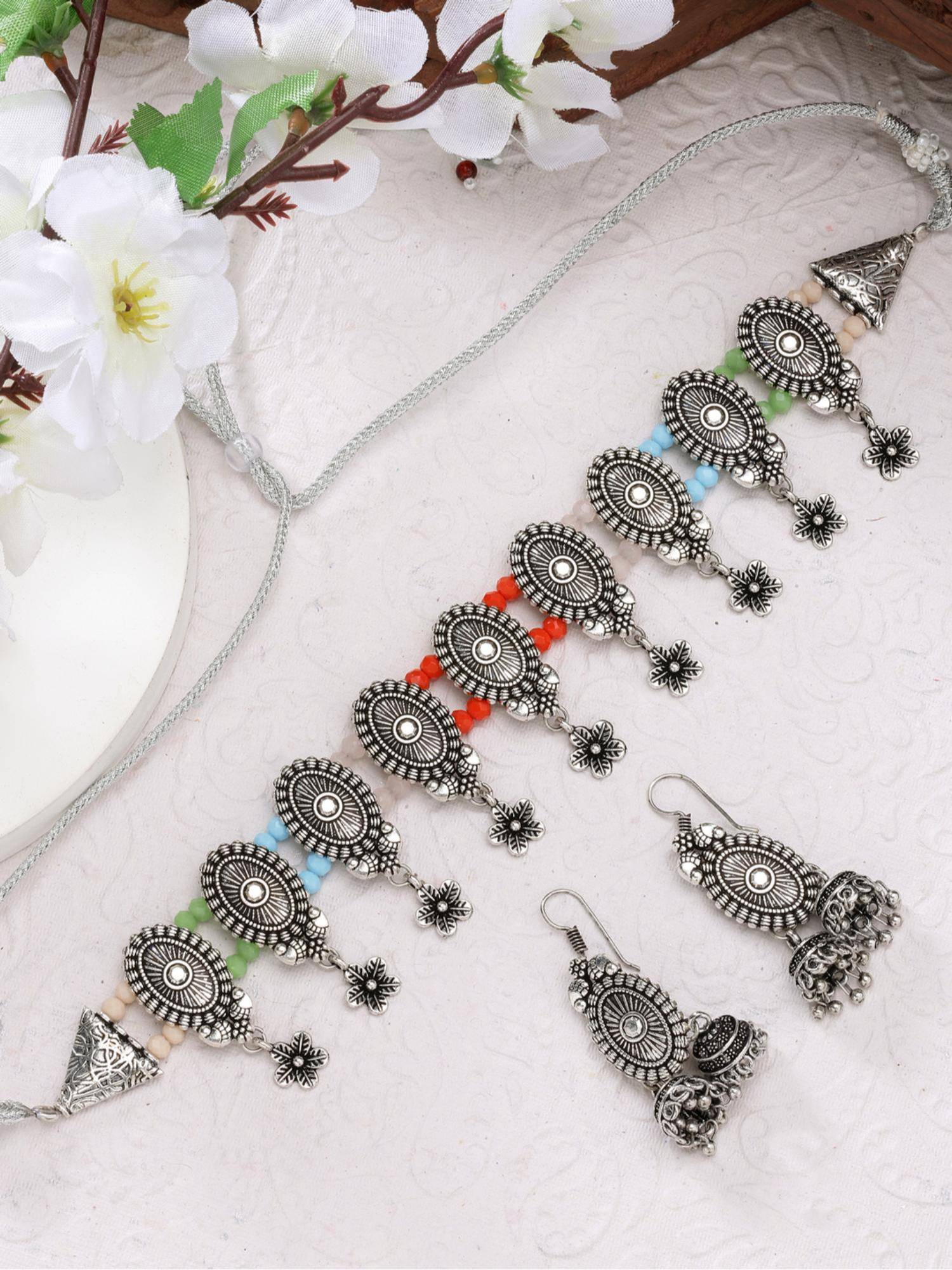 Gahan Womens Silver Plated Choke Oxidized Necklace with Jhumka Earrings