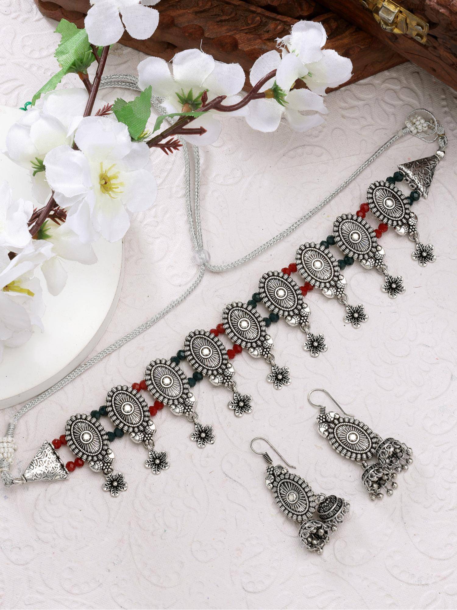 Gahan Womens Silver Plated Choke Oxidized Necklace with Jhumka Earrings