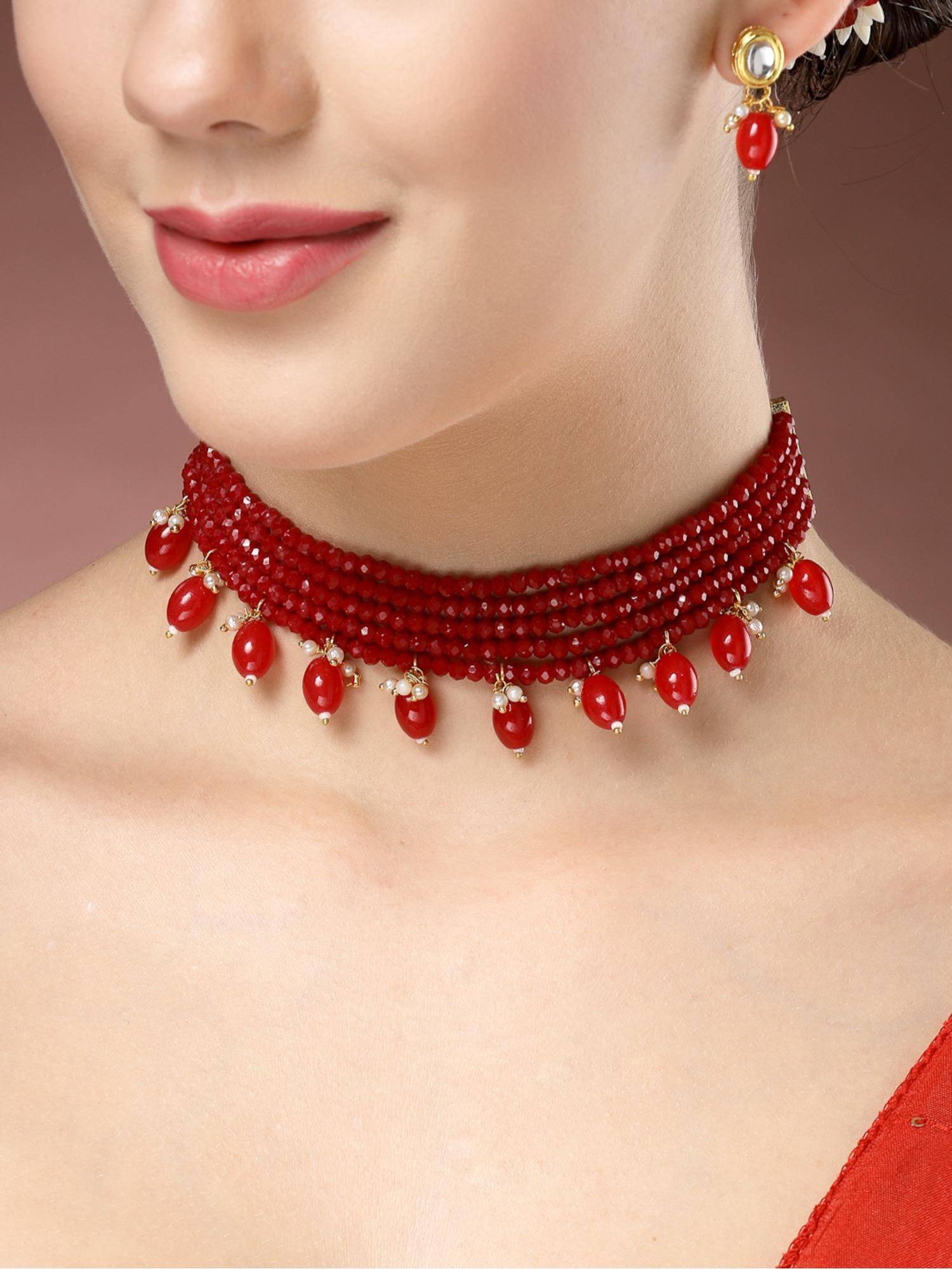 Gahan Womens Red Artificial Beads Layered Necklace with Drop Earrings