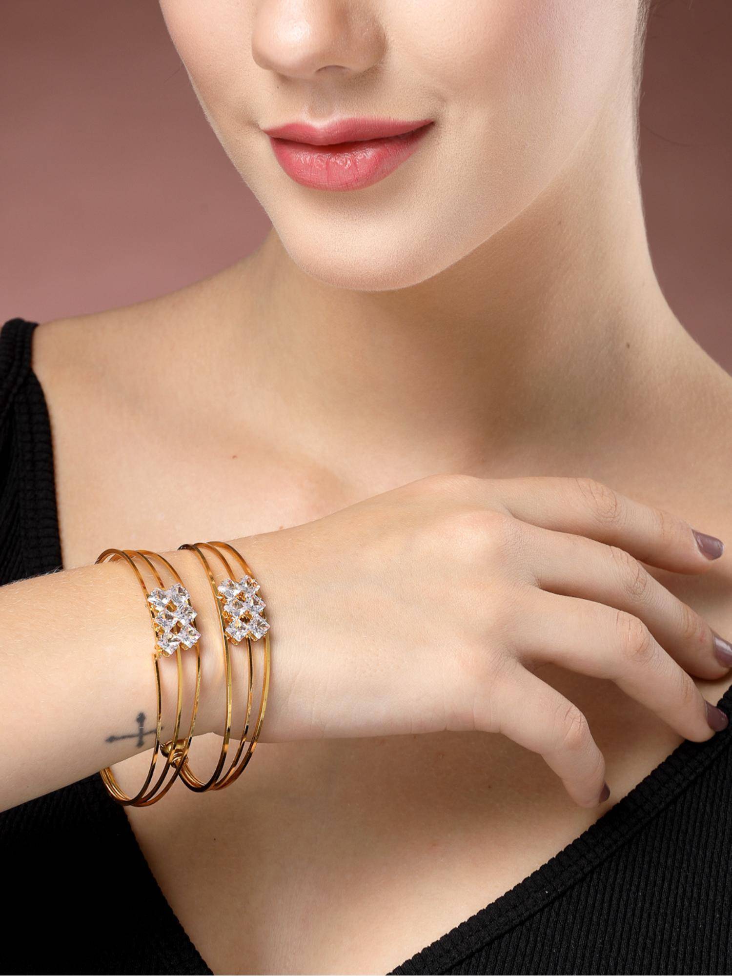 Gahan Womens Gold Plated CZ Stone Studded Adjustable Cuff Bracelet (Pack of 2)