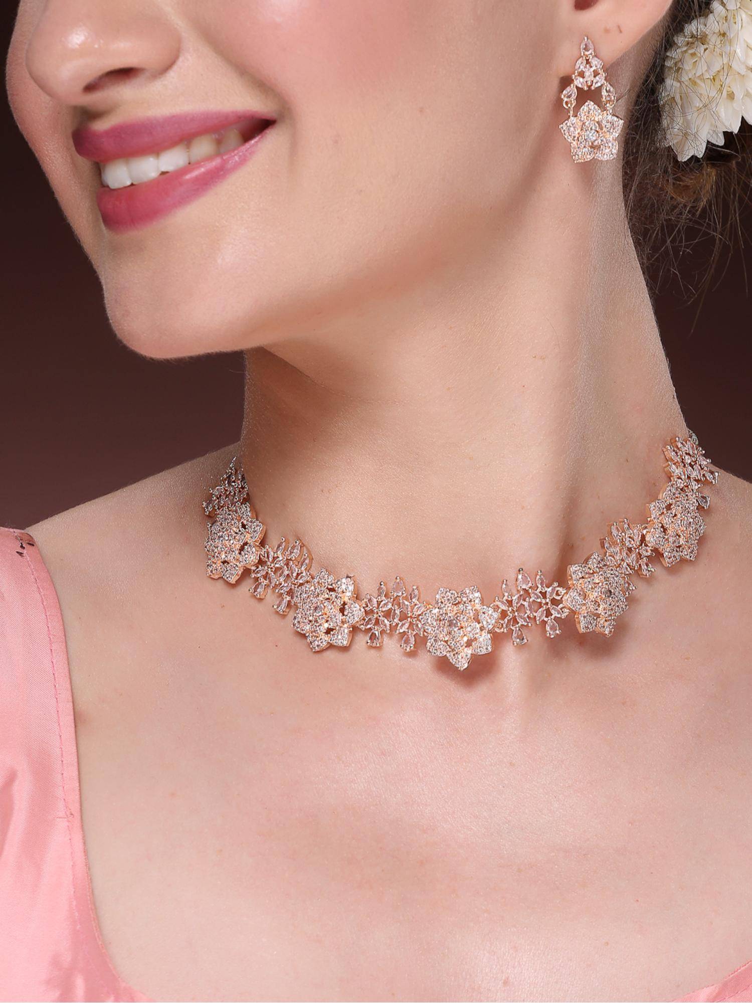 Gahan Womens Rose Gold Plated American Diamond Studded Handcrafted Jewellery Set
