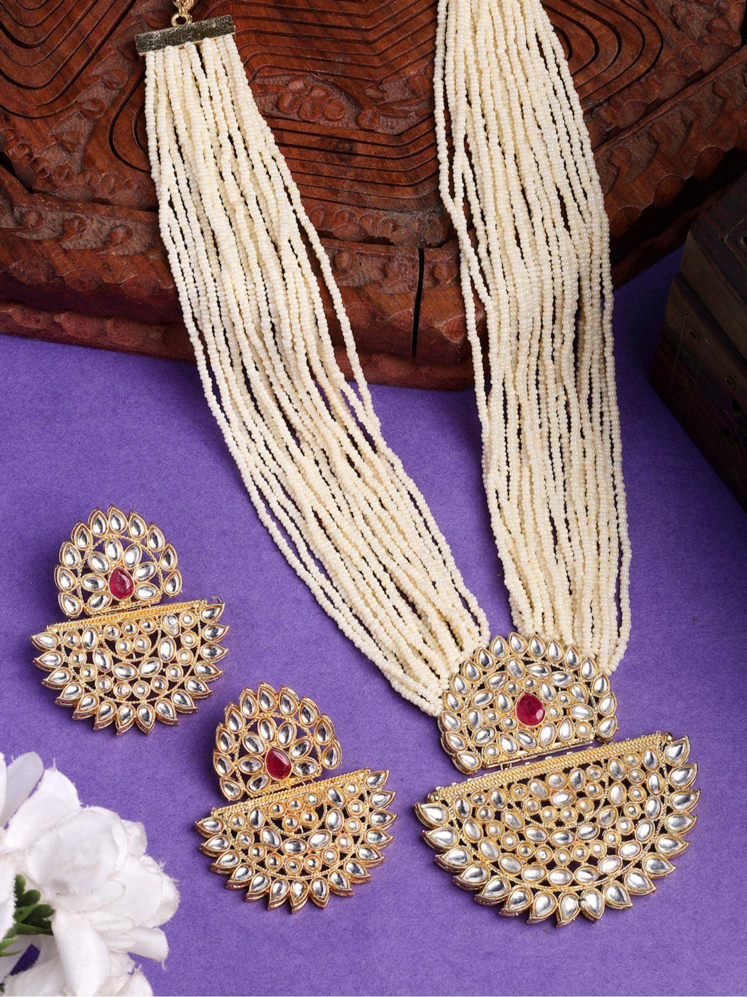 Gahan Womens Gold Toned Red Stones & Kundan Studded Jewellery Set