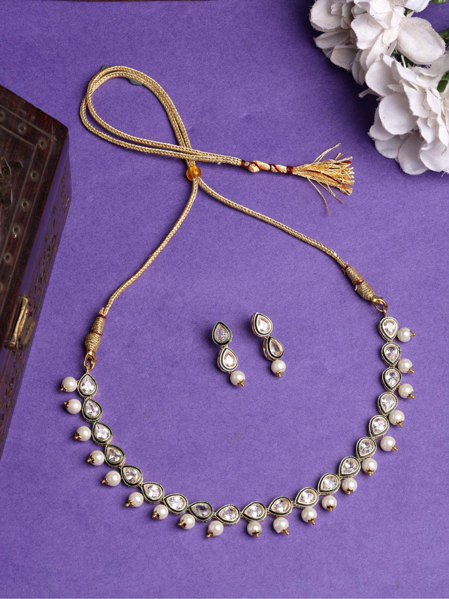 Gahan Womens Gold Plated Pear Shape Kundan Studded Short Jewellery Set