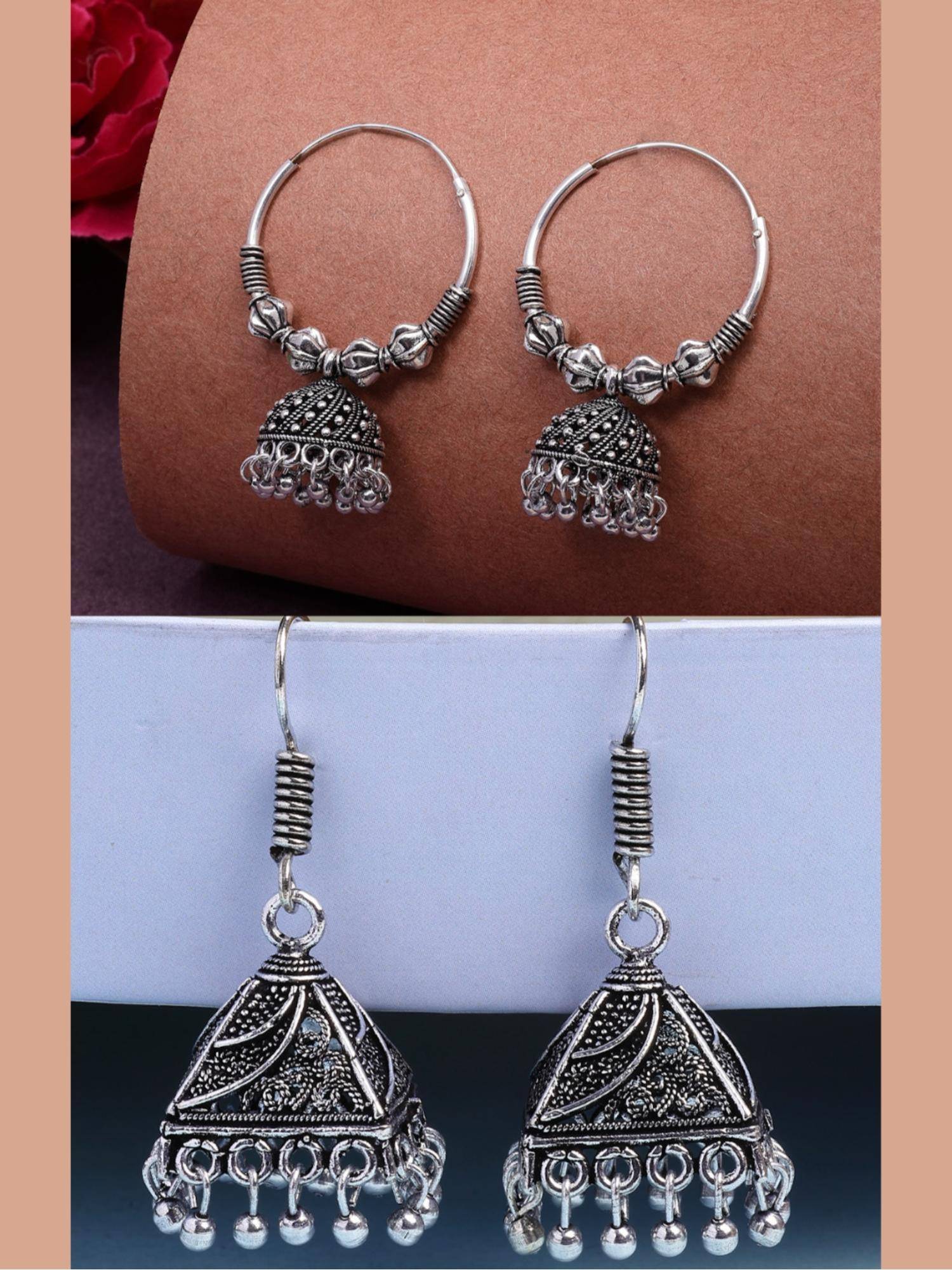 Gahan Womens Ethnic Silver Plated Oxidized Circle Jhumka Earrings (Pack of 2)