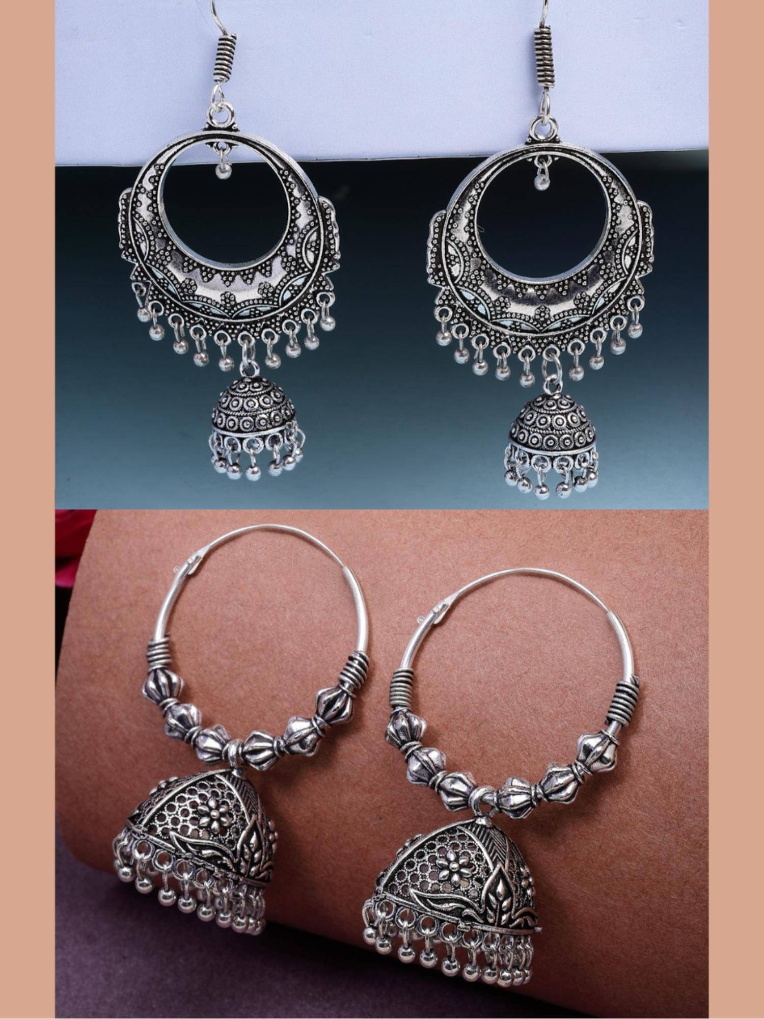 Gahan Womens Silver Plated Oxidized Contemporary Jhumka Earrings (Pack of 2)