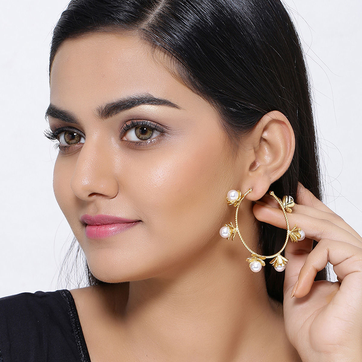SHOSHAA Contemporary Gold Pearl Hoops Buy SHOSHAA Contemporary Gold
