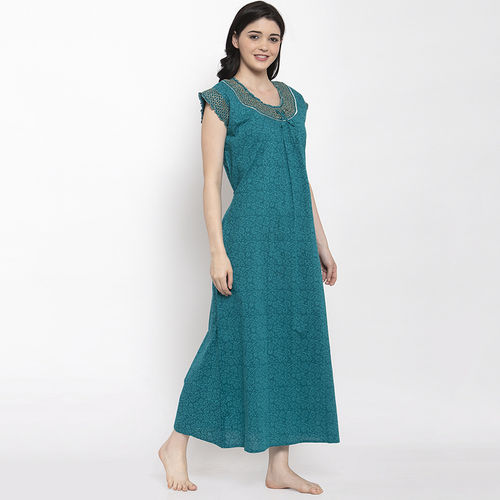 Secret Wish Women's Turquoise Blue Printed Cotton Nighty (Free Size)