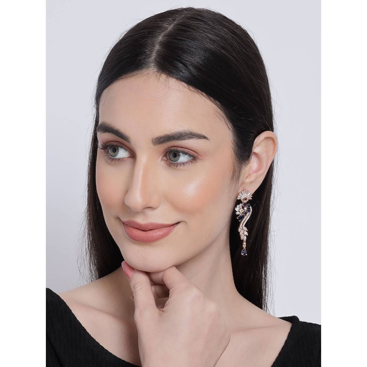 Aatmana Rose Gold and Blue American Diamond Studded Floral Drop Earrings