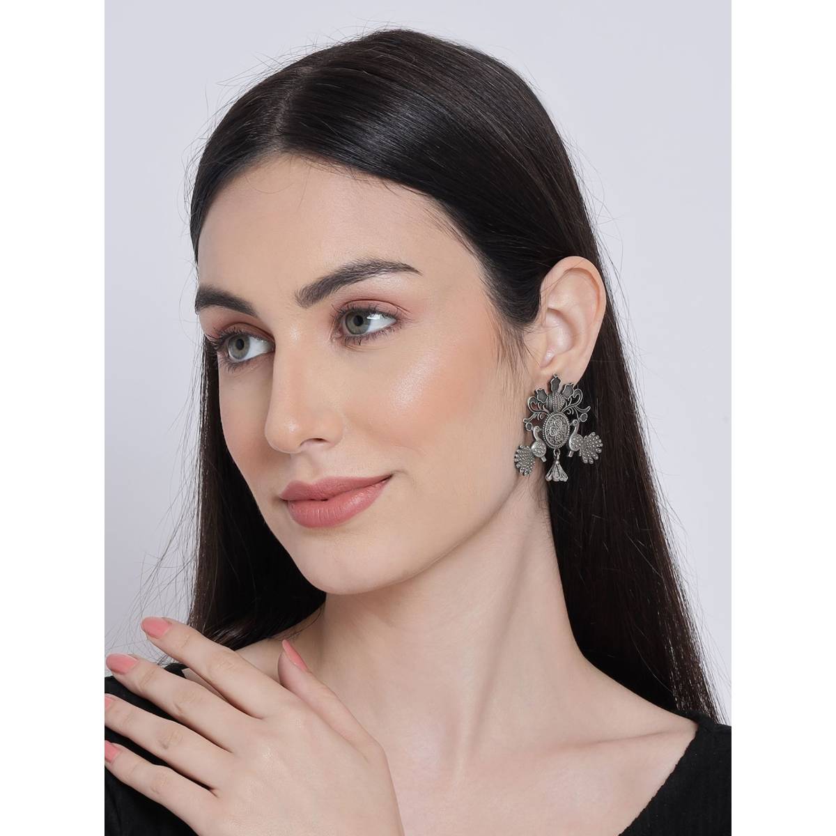 Aatmana Silver Toned Peacock Shaped Drop Earrings