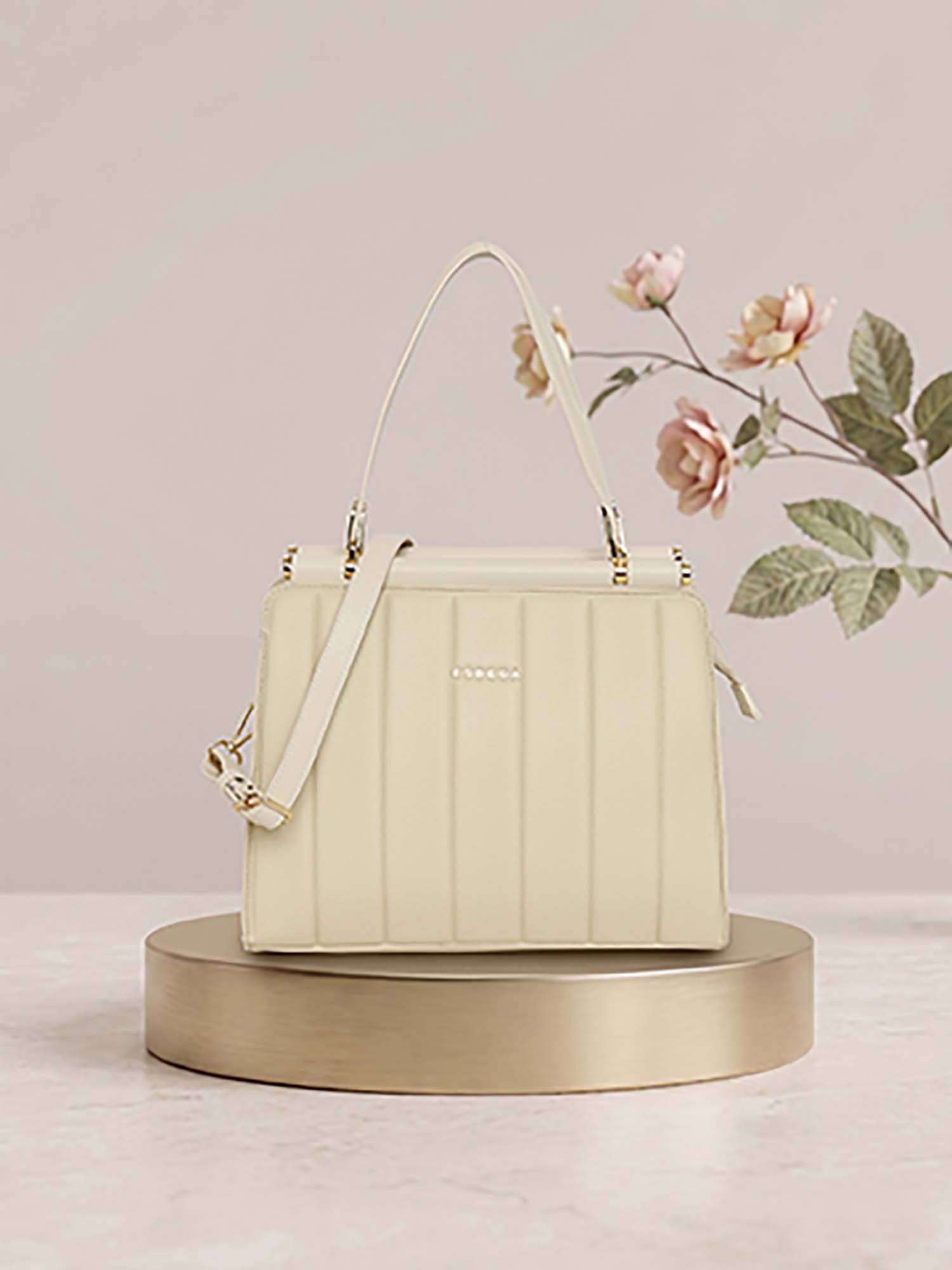 ESBEDA Cream Luxe Panel Elegance Handbag with Detachable Strap (M)