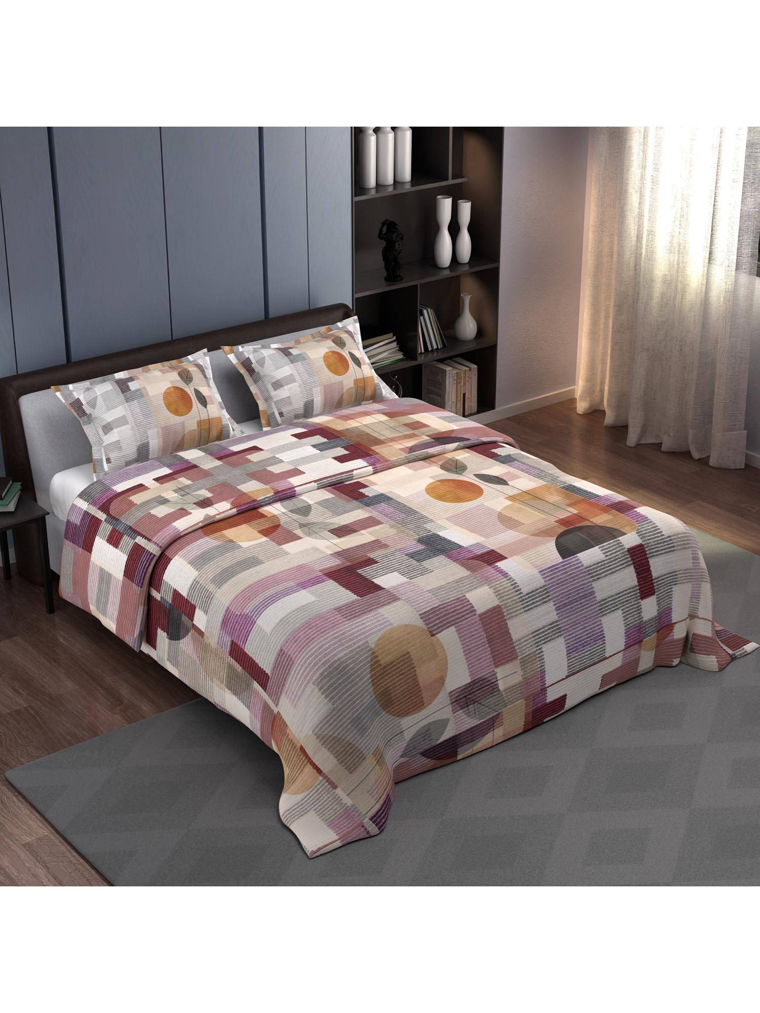Synergized Cotton Bedsheet With 2 Pillow Covers Maroon Leaf Abstract-N6