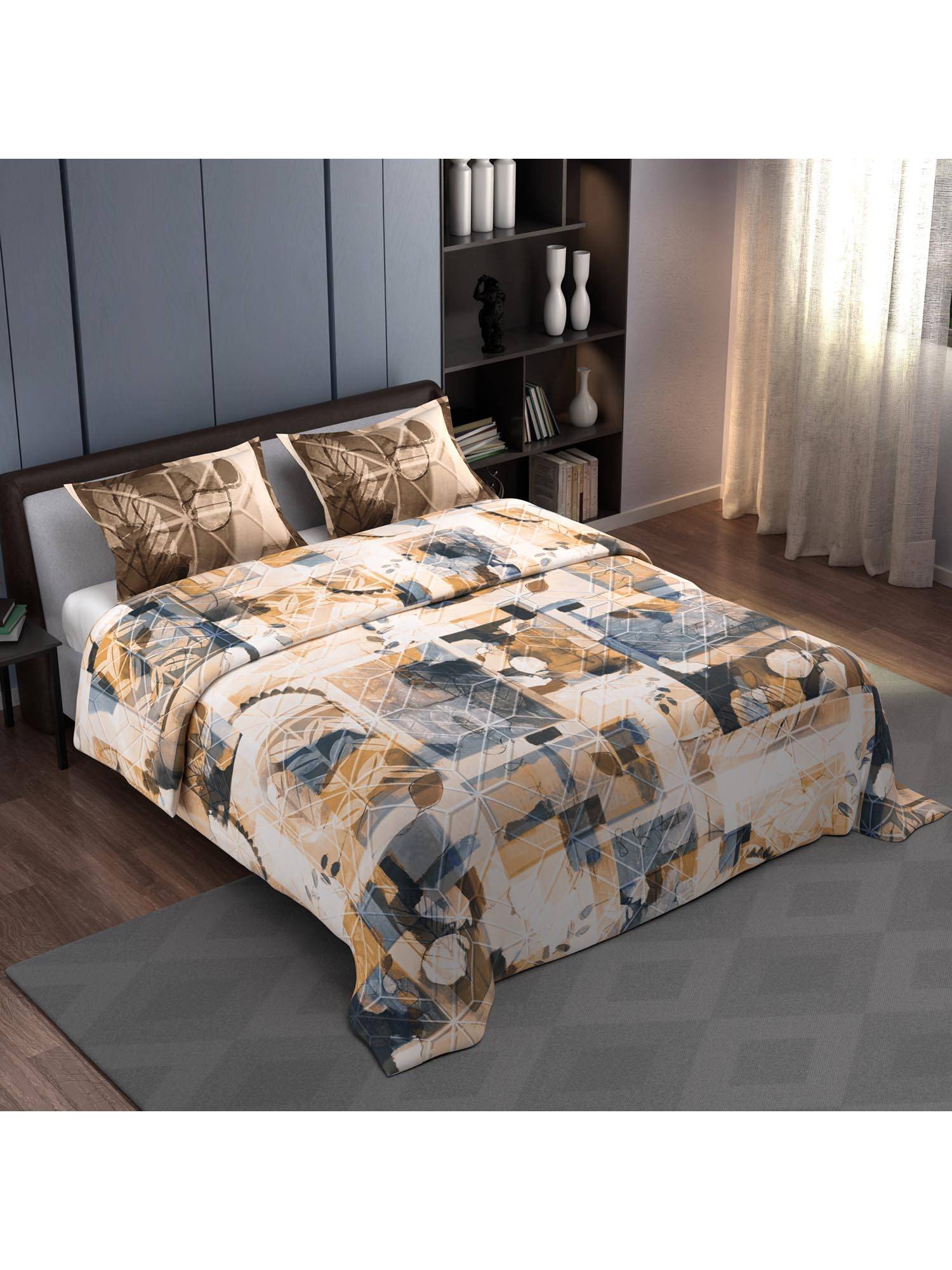 Synergized Cotton Bedsheet With 2 Pillow Covers Yellow Leaf Mosaic-N9