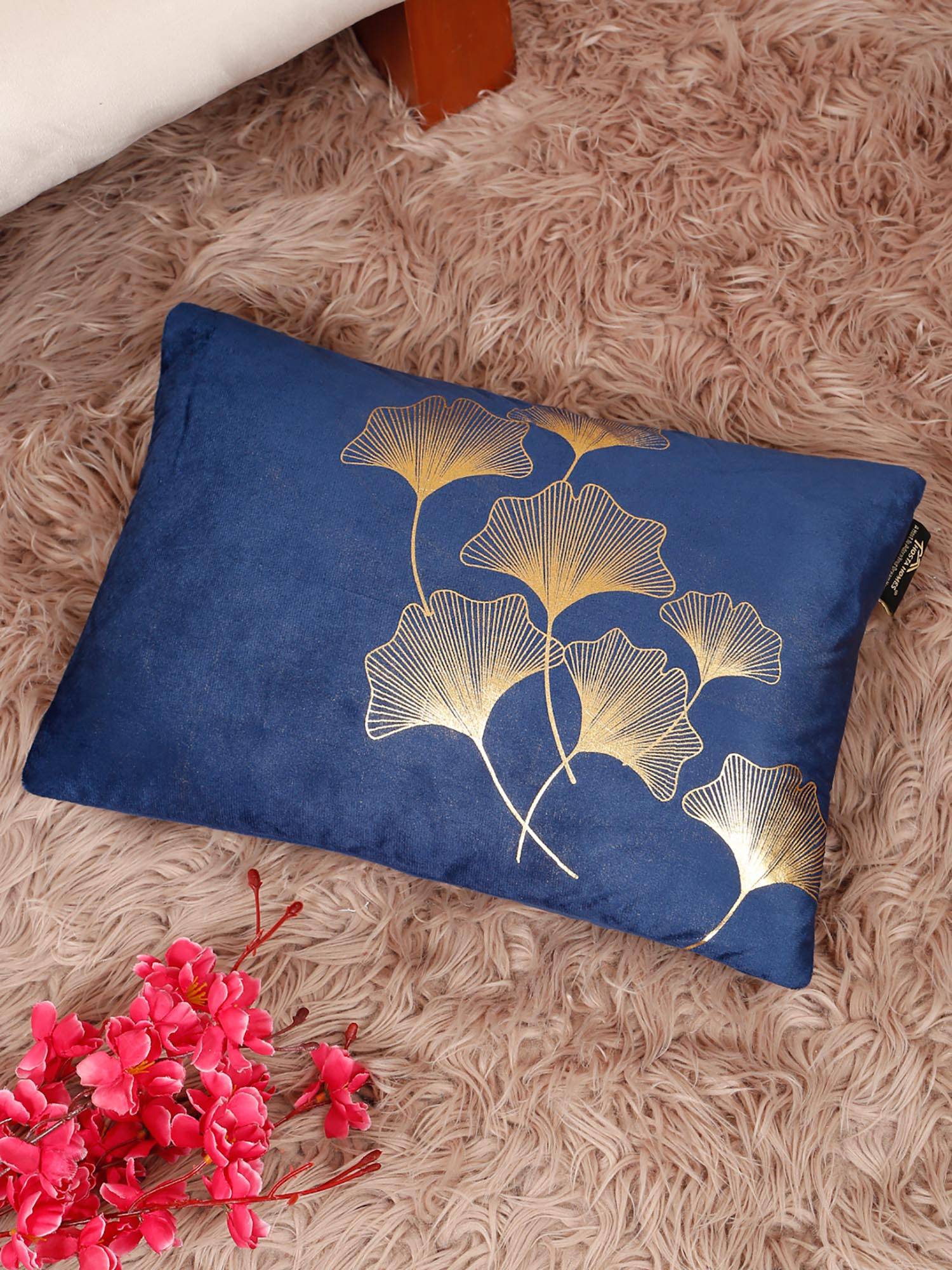 HOSTA HOMES Soft Velvet Golden Foil Printed Cushion Covers Blue (12X18 Inches)