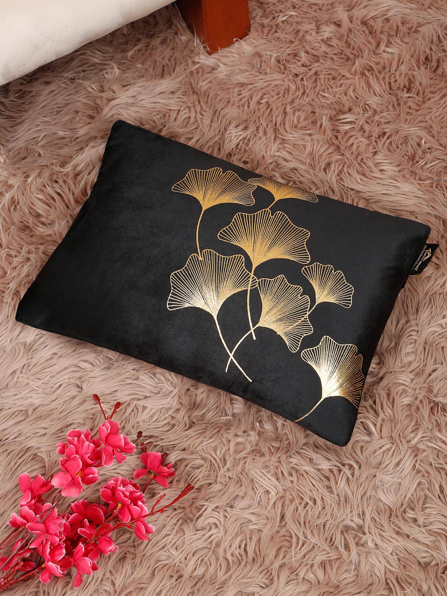 HOSTA HOMES Soft Velvet Golden Foil Printed Cushion Covers Black (12X18 Inches)